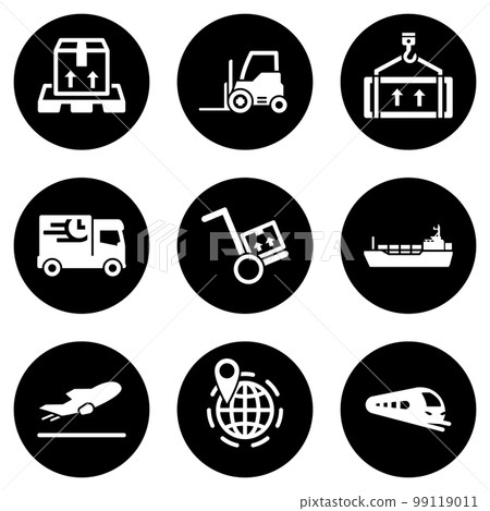 Set of white icons isolated against a black background, on a theme Logistics and shipping Set of white icons isolated against a black background, on a theme Logistics and shipping 99119011