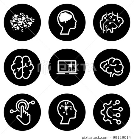 Set of white icons isolated against a black background, on a theme Artificial Intelligence Set of white icons isolated against a black background, on a theme Artificial Intelligence 99119014
