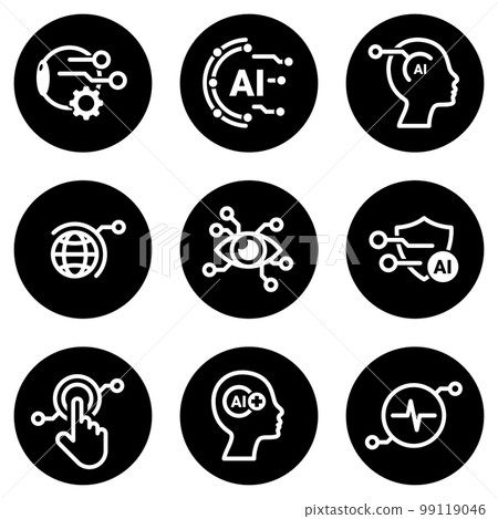 Set of simple icons on a theme Artificial Intelligence, vector, design, collection, flat, sign, symbol,element, object, illustration, isolated. White background 99119046