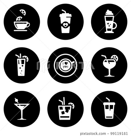 Set of white icons isolated against a black background, on a theme Drink Set of white icons isolated against a black background, on a theme Drink 99119181