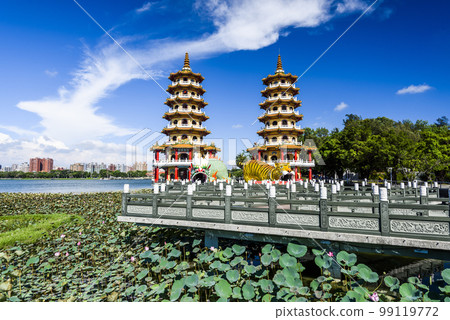 Architecture view of the Dragon and Tiger Pagodas in Lotus Pond of Kaohsiung, Taiwan. it is a temple located at Lotus Pond. Architecture view of the Dragon and Tiger Pagodas in Lotus Pond of Kaohsiung, Taiwan. it is a temple located at Lotus Pond. 99119772