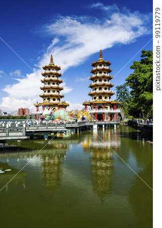 Architecture view of the Dragon and Tiger Pagodas in Lotus Pond of Kaohsiung, Taiwan. it is a temple located at Lotus Pond. 99119779