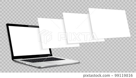 Laptop computer mockup with blank wireframing pages isolated on transparent background. Concept for showcasing web-design projects. Laptop computer mockup with blank wireframing pages isolated on transparent background. Concept for showcasing web-design projects. 99119816