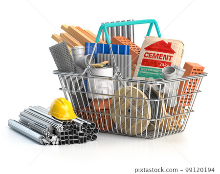 Shopping basket full of construction materials and tools with calculator. 99120194