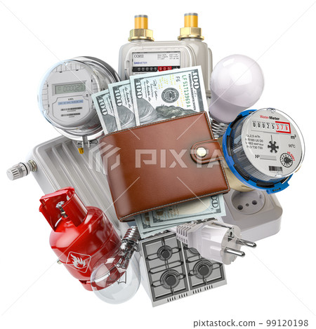 Utility costs concept. Wallet with dollar and home appliances that consume energy. 99120198