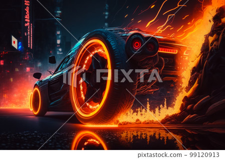 car with glowing wheels on city street. Generative AI 99120913