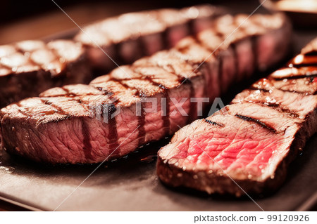 close up of steak on plate. Generative AI 99120926
