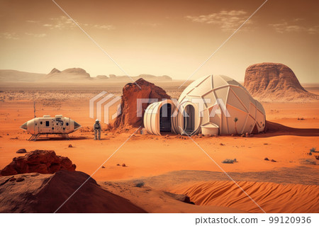 man standing in the desert next to building. Generative AI 99120936