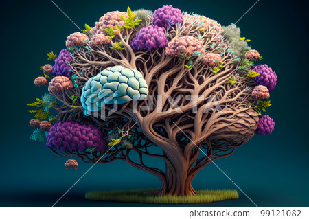 a tree with leaves and flowers in the form of a human brain. Generative AI 99121082