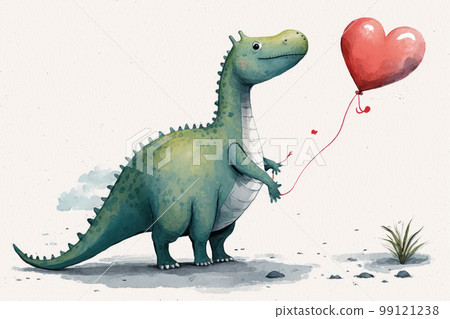 green dinosaur holding red heart balloon. Generative AI green dinosaur holding red heart balloon. Generative AI 99121238