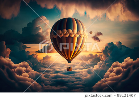 hot air balloon flying through cloudy sky.... - Stock Illustration ...
