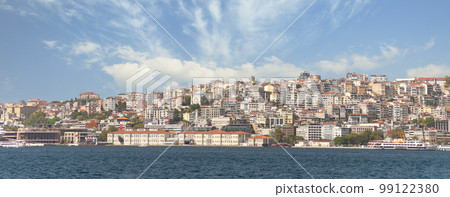 View from Bosphorus of the European side of Istanbul with Mimar Sinan Fine Art University, and Galata Port, Karakoy 99122380