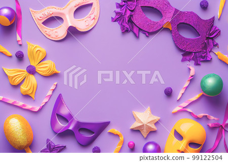 Various types of masks displayed on purple background, illustration Purim celebration concept and Jewish carnival holiday. Top view, flat lay 99122504