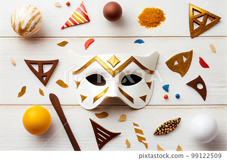 3D illustration of Purim celebration concept with Jewish carnival holiday over wooden white background. View from the top, flat lay. 3D illustration of Purim celebration concept with Jewish carnival holiday over wooden white background. View from the top, flat lay. 99122509