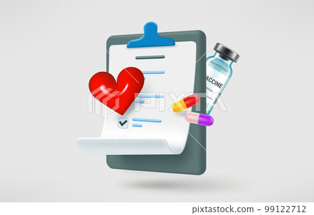 Medical report with anamnesys, heart, pills. Health care concept. 3d vector illustration 99122712