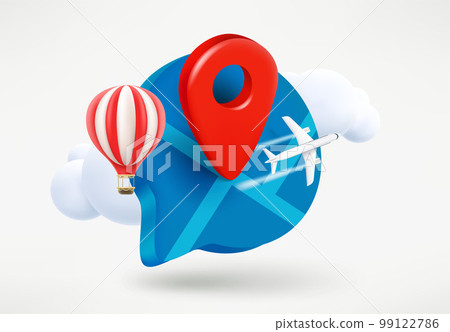 Speech cloud with map pin, jet, balloon and clouds. Travel concept. 3d vector illustration Speech cloud with map pin, jet, balloon and clouds. Travel concept. 3d vector illustration 99122786