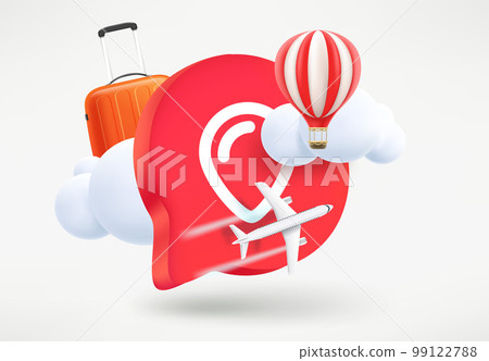 Speech cloud with map pin, bag, balloon and clouds. Travel concept. 3d vector illustration Speech cloud with map pin, bag, balloon and clouds. Travel concept. 3d vector illustration 99122788