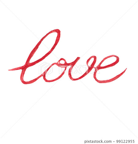 Hand drawn watercolor love word text. Watercolour illustration in red color for print, card, sticker 99122955