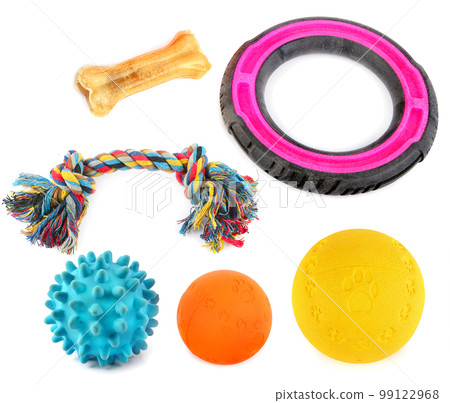 Set of dog toys isolated on white . Collage. Set of dog toys isolated on white . Collage. 99122968