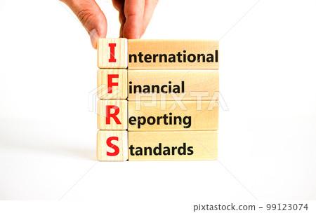 IFRS symbol. Concept words IFRS international financial reporting standards on block on beautiful white background. Business IFRS international financial reporting standards concept. Copy space. 99123074