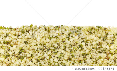 Close up picture of hemp hearts on white background. Close up picture of hemp hearts on white background. 99123374
