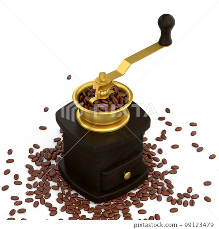 Manual wooden coffee grinder with coffee beans on white background. Manual wooden coffee grinder with coffee beans on white background. 99123479