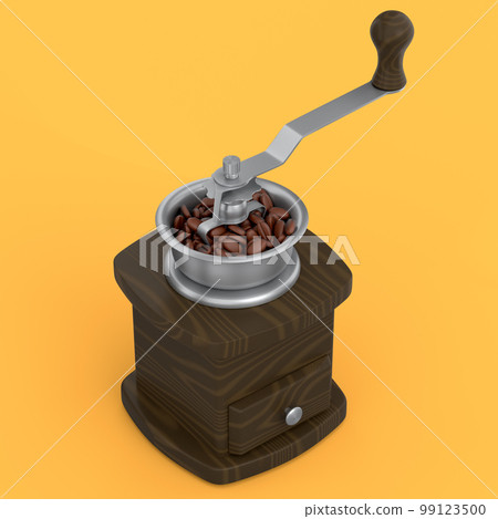 Manual wooden coffee grinder with coffee beans on yellow background. 99123500