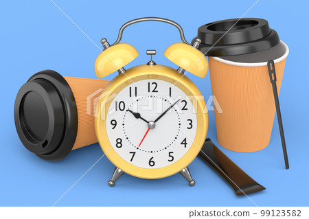 Vintage alarm clock with paper coffee cup on blue background. Vintage alarm clock with paper coffee cup on blue background. 99123582
