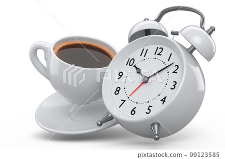 Vintage alarm clock with ceramic coffee cup on white background. 99123585