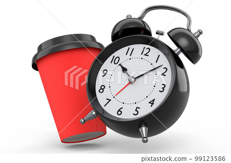 Vintage alarm clock with paper coffee cup on white background. Vintage alarm clock with paper coffee cup on white background. 99123586