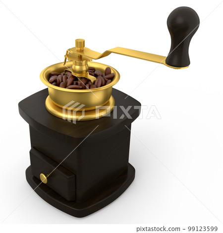 Manual wooden coffee grinder with coffee beans on white background. Manual wooden coffee grinder with coffee beans on white background. 99123599