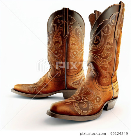 Beautiful vintage leather cowboy boots with patterns isolated on white close up 99124249