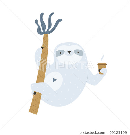 Vector illustration of a cute sloth with a cup of coffee hanging on a tree. Funny tropical animal character, mascot. Vector illustration of a cute sloth with a cup of coffee hanging on a tree. Funny tropical animal character, mascot. 99125199