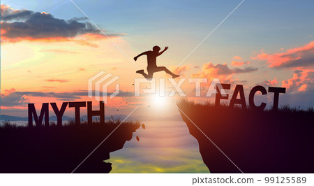 Silhouette man jumping from MYTH to FACT wording on cliffs with cloud sky and sunrise. Fact and Myth Concept. 99125589