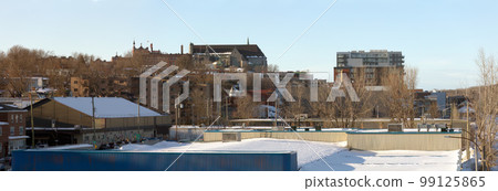 Sherbrooke city in Quebec, Canada. Small city landscape panoramic view downtown winter cityscape with church 99125865