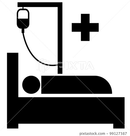 Hospital icon on white background. medical cross and person in bed symbols. Patient lying sign. flat style. 99127387