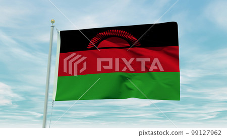 Seamless loop animation of the Malawi flag on a blue sky background. 3D Illustration 99127962