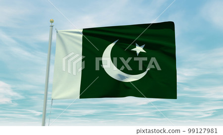 Seamless loop animation of the Pakistan flag on a blue sky background. 3D Illustration Seamless loop animation of the Pakistan flag on a blue sky background. 3D Illustration 99127981