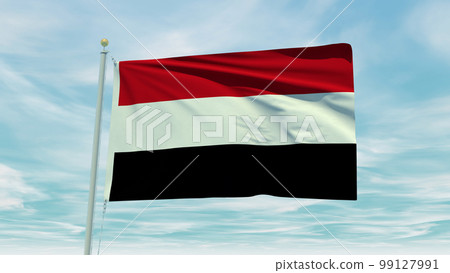 Seamless loop animation of the Yemen flag on a blue sky background. 3D Illustration 99127991