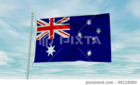 Seamless loop animation of the Australia flag on a blue sky background. 3D Illustration 99128000