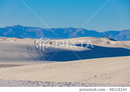 Sunny view of the landscape with some footprints in White Sands National Park 99128244
