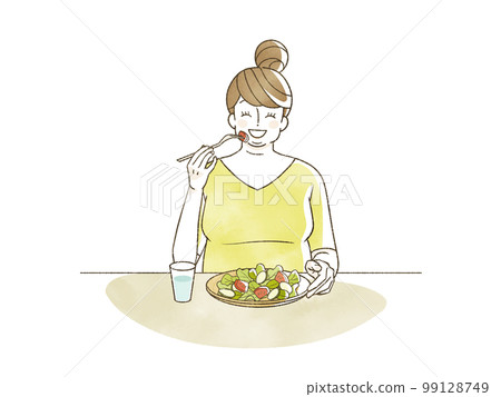 obese woman eating salad obese woman eating salad 99128749
