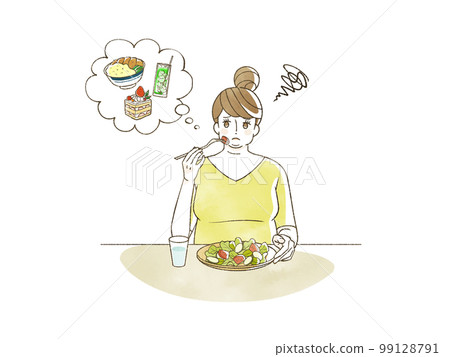 Obese woman eating unsatisfactory food 99128791