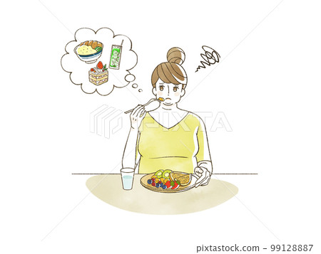 Obese woman eating unsatisfactory food 99128887