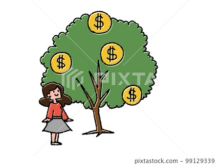 An illustration set showing how a money tree has grown large, leaving behind assets through investment and life planning 99129339