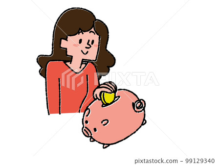 一個女人把錢存進豬的存錢罐 留下資產進行投資和人生規劃的插圖 99129340