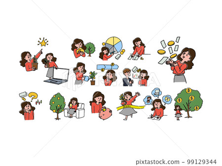 一組將資產留在投資和生活設計中的女性的插圖集 99129344