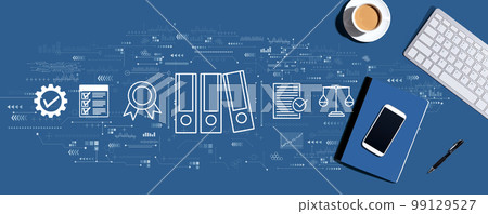 Compliance theme with computer keyboard and office items 99129527