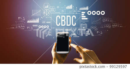 CBDC theme with hand pressing a button CBDC theme with hand pressing a button 99129597