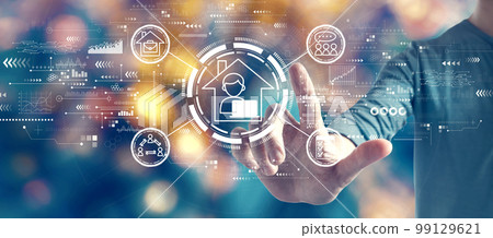 Remote Work theme with man on blurred city light background 99129621